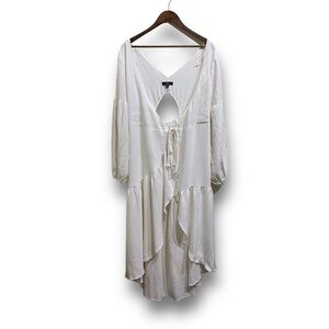 Lulus White Long Sleeve V Neck Open Back Linen Blend Dress MediumLength 41"